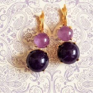 Bold Purple Natural Jade In Two Stone Setting Gold Plated Earrings